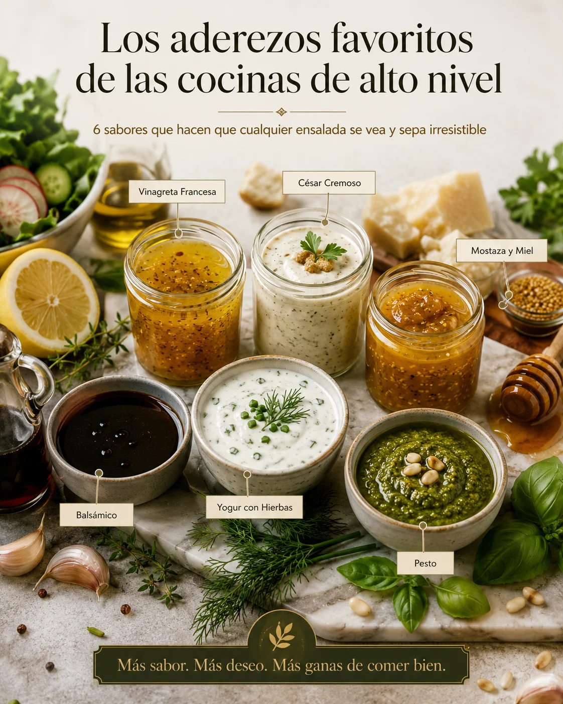 Los 6 aderezos favoritos de las cocinas de alto nivel — Vinagreta Francesa, César Cremoso, Mostaza y Miel, Balsámico, Yogur con Hierbas y Pesto