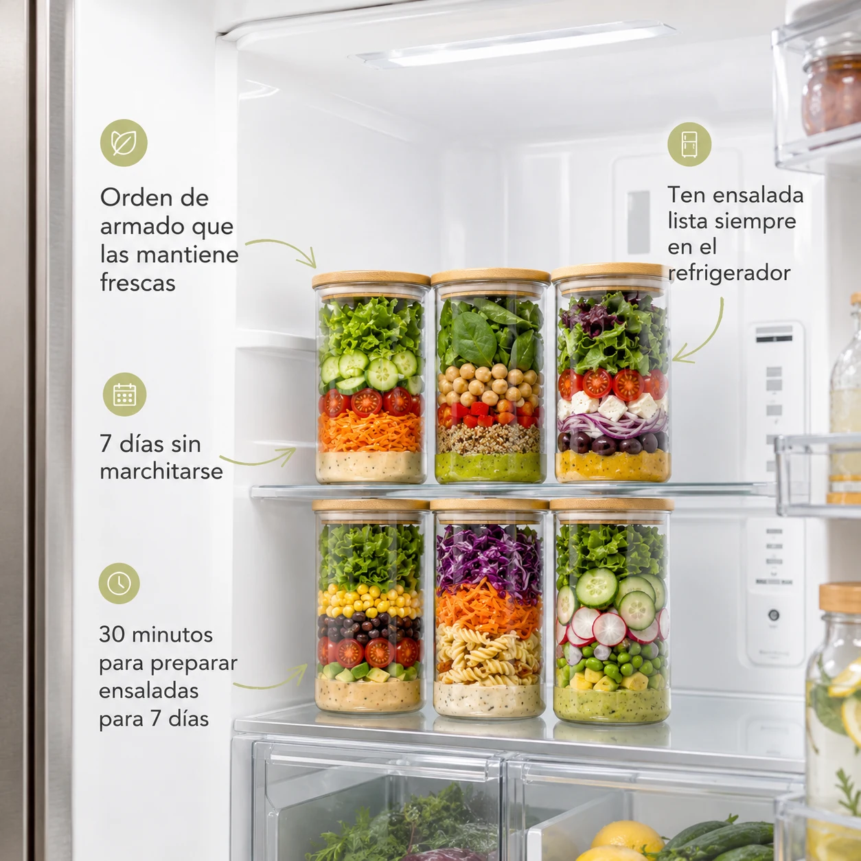 6 tarros de ensalada listos dentro del refrigerador — 7 días frescos, 30 minutos de preparación