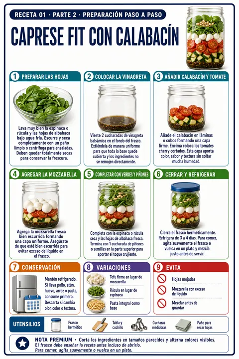 Página del recetario — receta: Caprese Fit con Calabacín — paso a paso