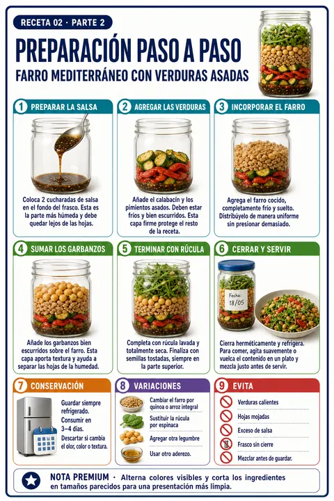 Página del recetario — receta: Farro Mediterráneo con Verduras Asadas — paso a paso
