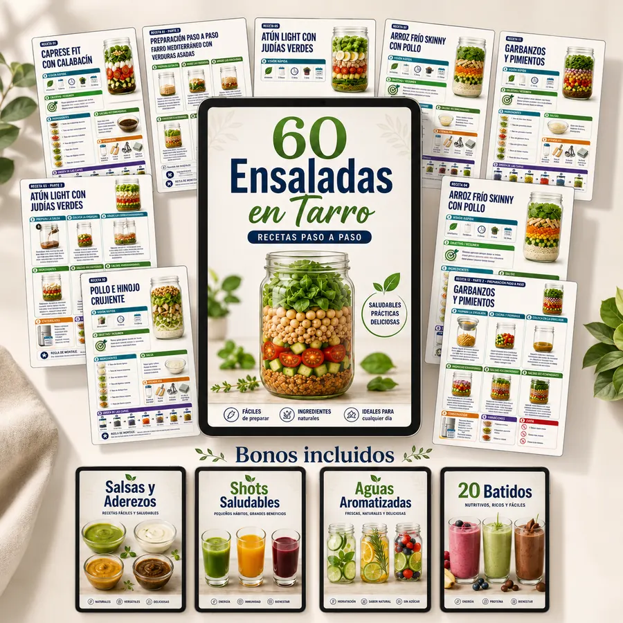 60 Ensaladas en Tarro — recetario digital con las 21 fichas de recetas y los bonos: salsas y aderezos, shots saludables, aguas aromatizadas y 20 batidos