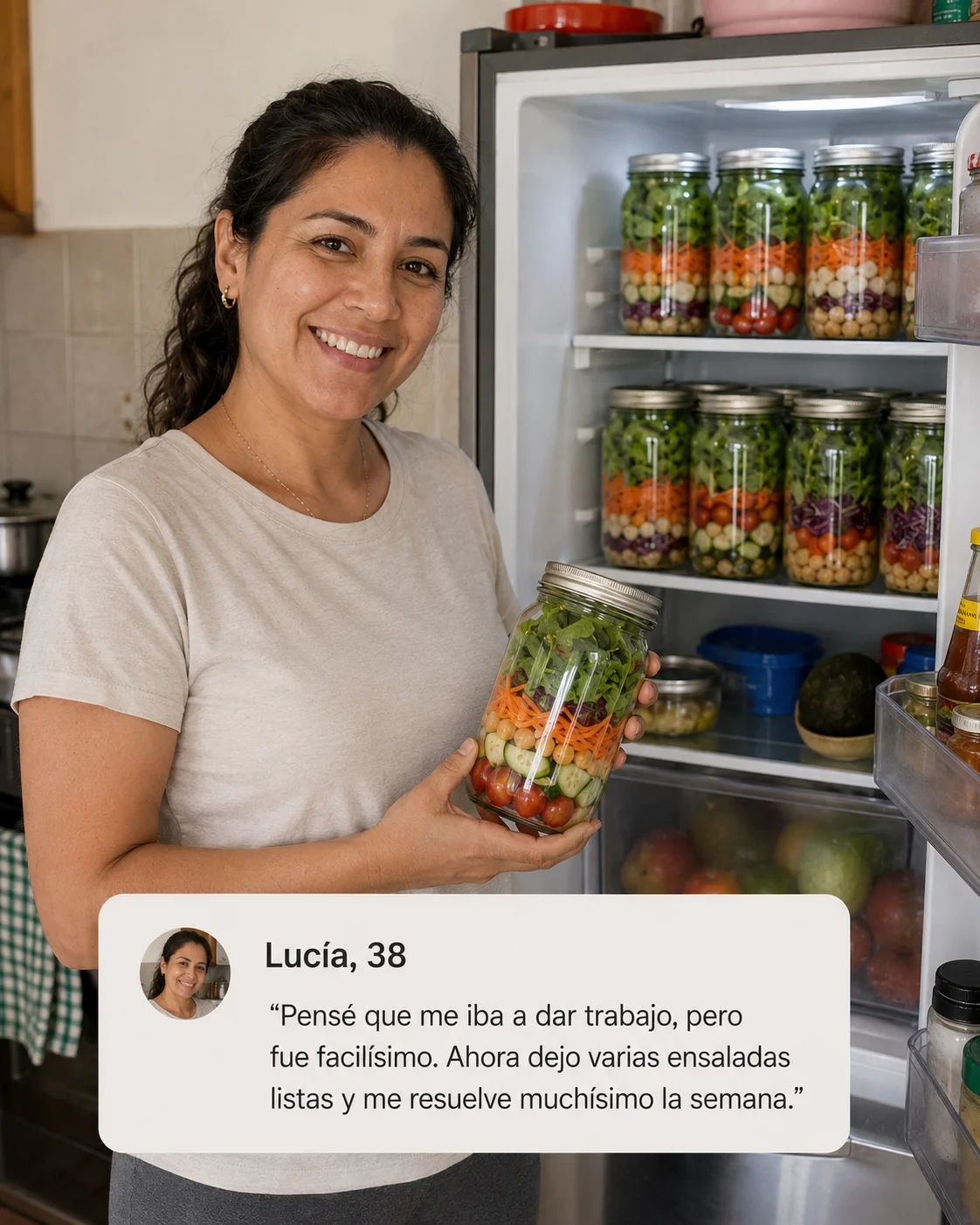 Lucía, 38 — Ahora dejo varias ensaladas listas y me resuelve muchísimo la semana